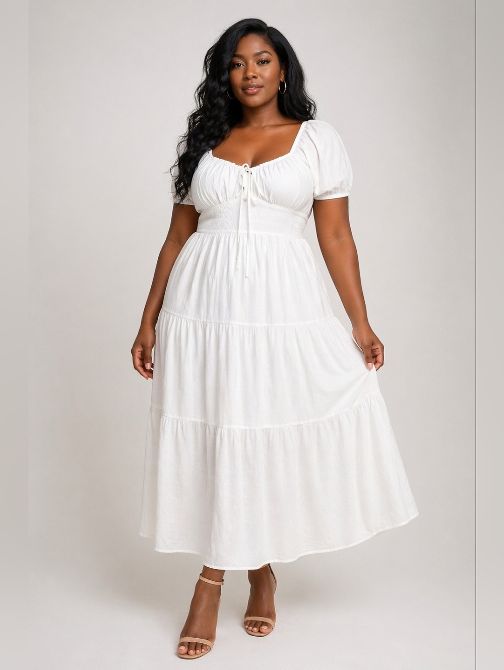 White Puff Sleeve Maxi Dress 1X | Front Tie Tiered Flowy Bridal Brunch